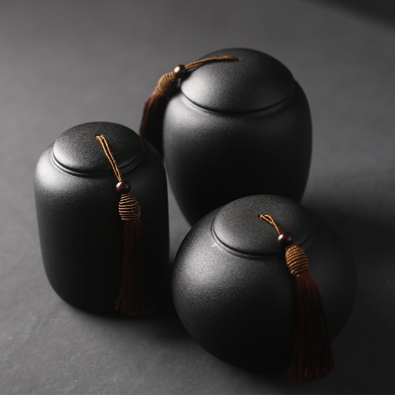 Japanese Glazed Black Ceramic Tea Jars