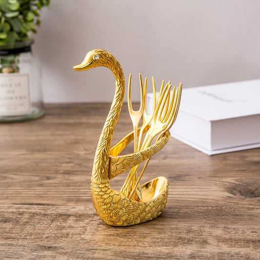 Suzannah's Kitchen Swan Base Metal Dessert Utensil Holder & Flatware Set
