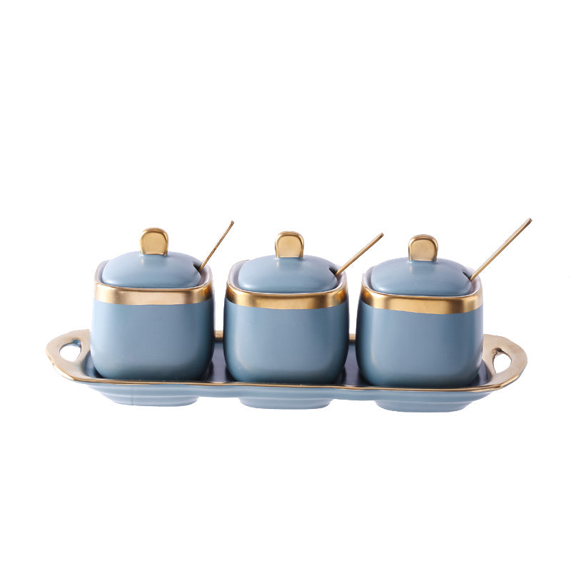 Serveware: 3PC Nordic Color-Glazed Ceramic-Gold Trim Serving Jars