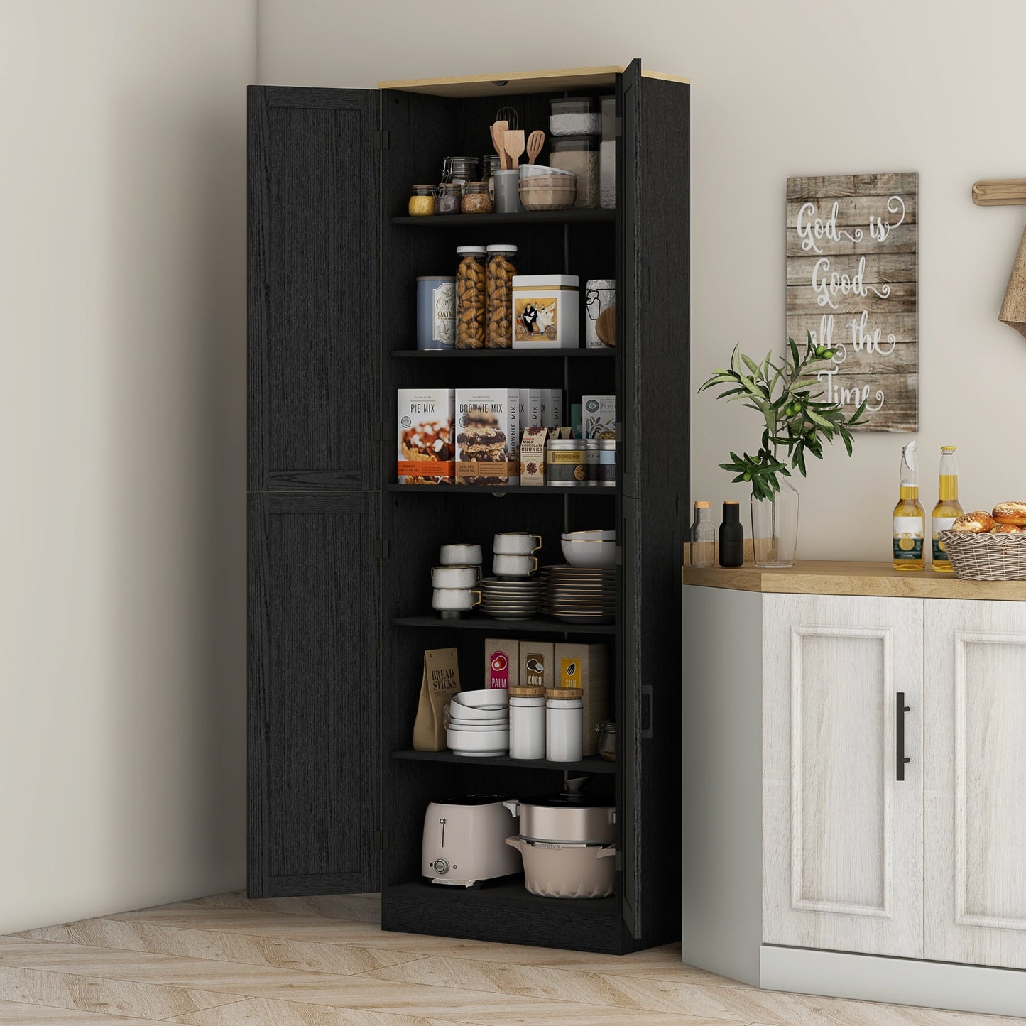 Freestanding Kitchen Pantry-Distressed Black-Adjustable Shelves