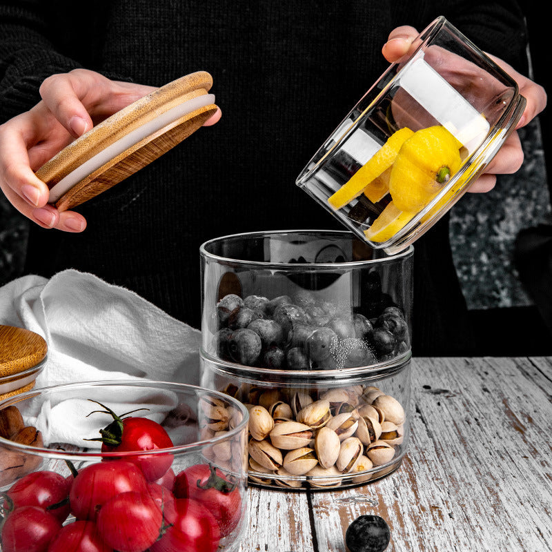 Stackable Glass Bowls with Wooden Lid