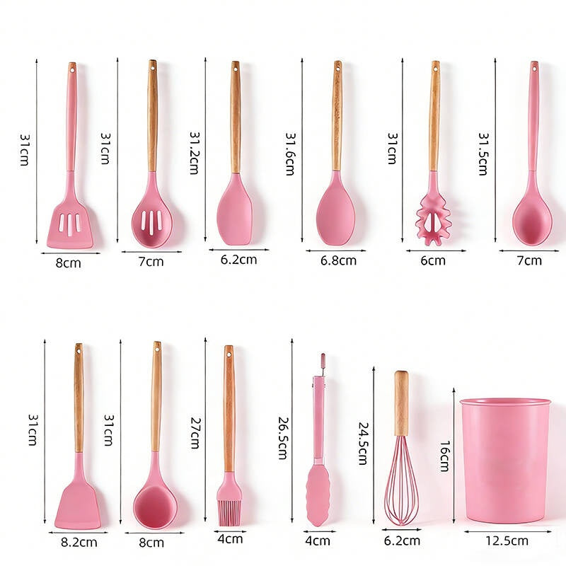 Silicone Cooking Utensils with Wooden Handle-12 PCS