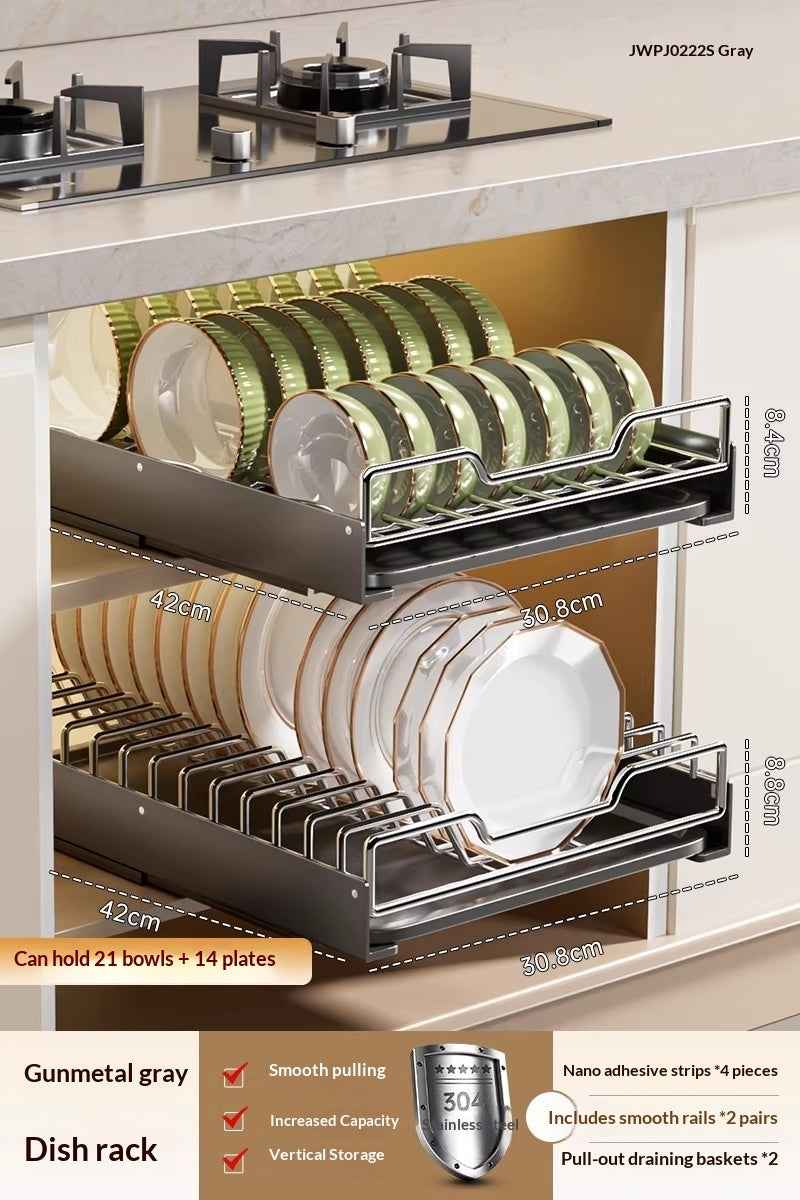 Stainless Steel Kitchen Cabinet Pull-out Drawer Type Dish Rack Storage Organizer