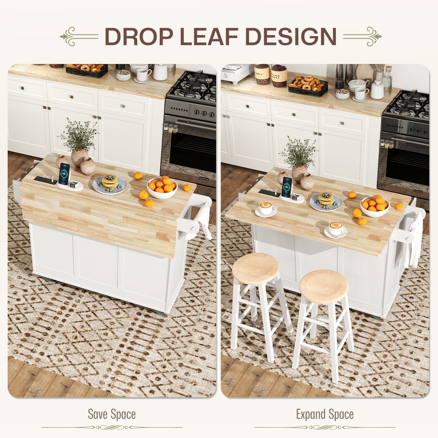 White Rolling Kitchen Island-Drop Leaf, Charging Station