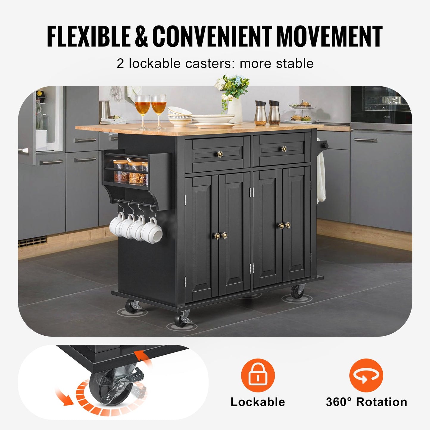 Kitchen Island Cart Rolling Storage Cabinet On Wheel With Drawer & Shelves