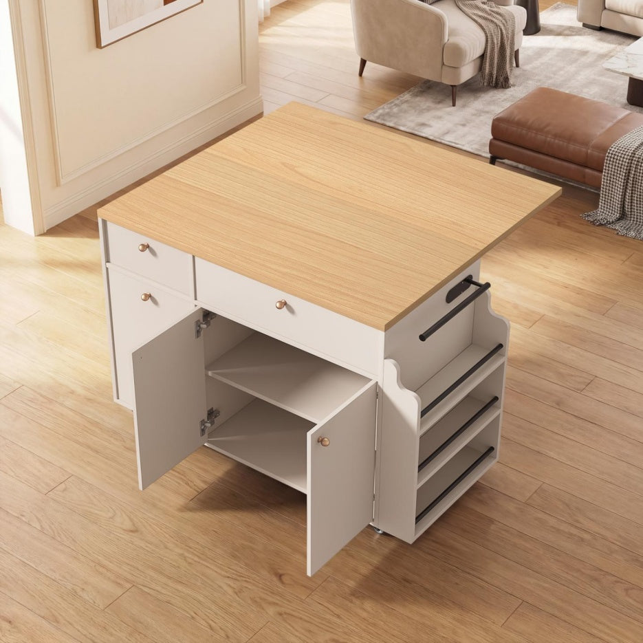 White Rolling Kitchen Island Storage Cart with Drop Leaf Extension
