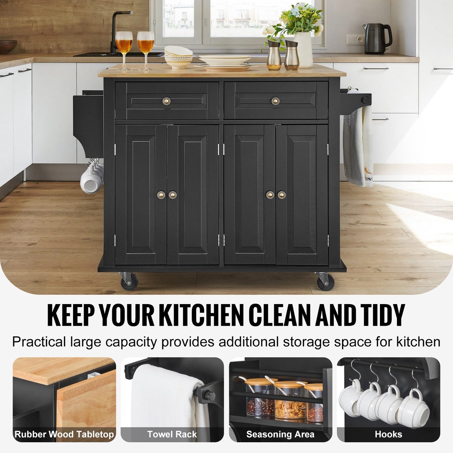 Kitchen Island Cart Rolling Storage Cabinet On Wheel With Drawer & Shelves