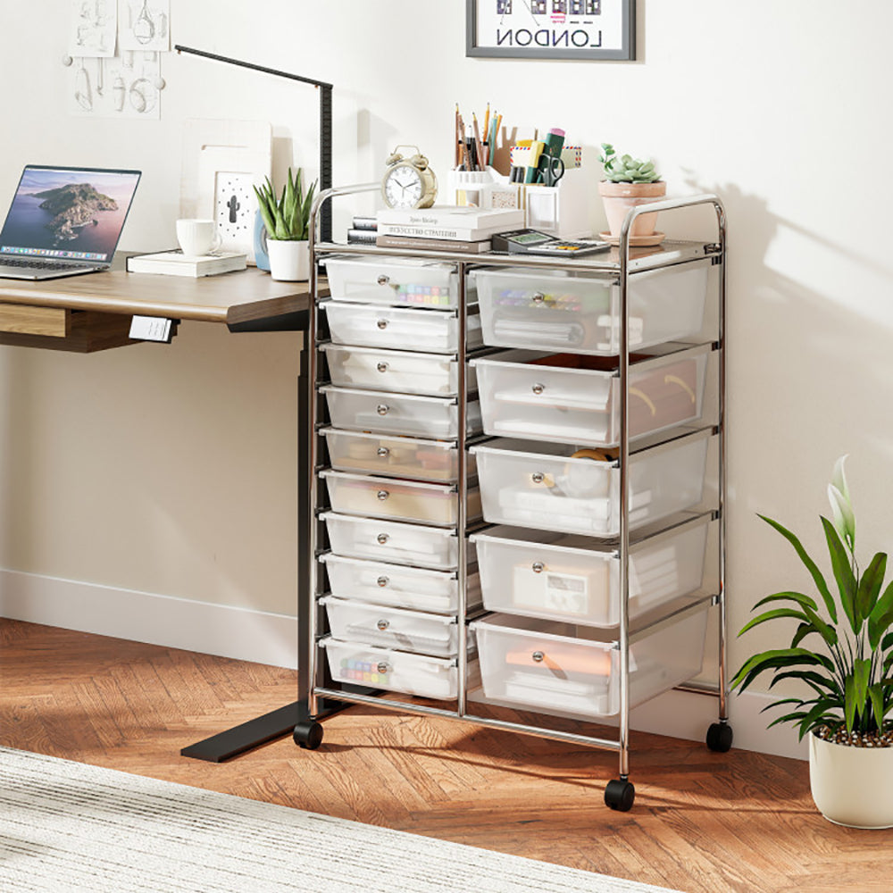 Rolling Storage Cart 15-Drawer Trolley With Chrome Plated Metal Frame