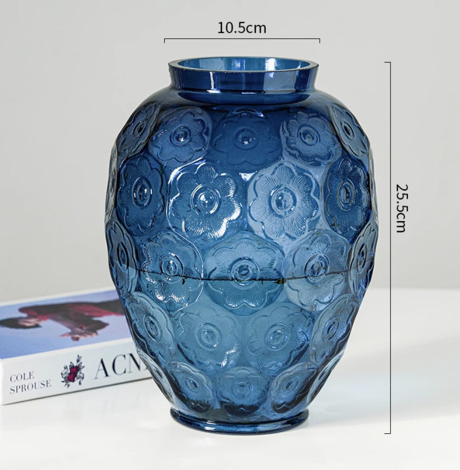 Vase-Round Colored Glass Blossom Embossed