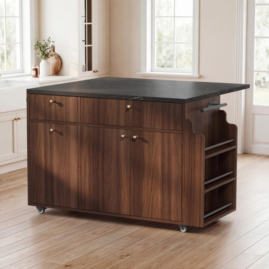 Black Marble Top Rolling Kitchen Island Cart With Drop Leaf