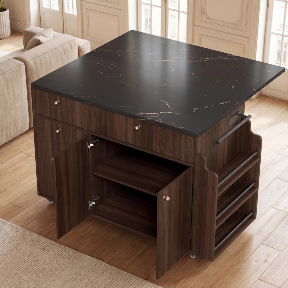 Black Marble Top Rolling Kitchen Island Cart With Drop Leaf