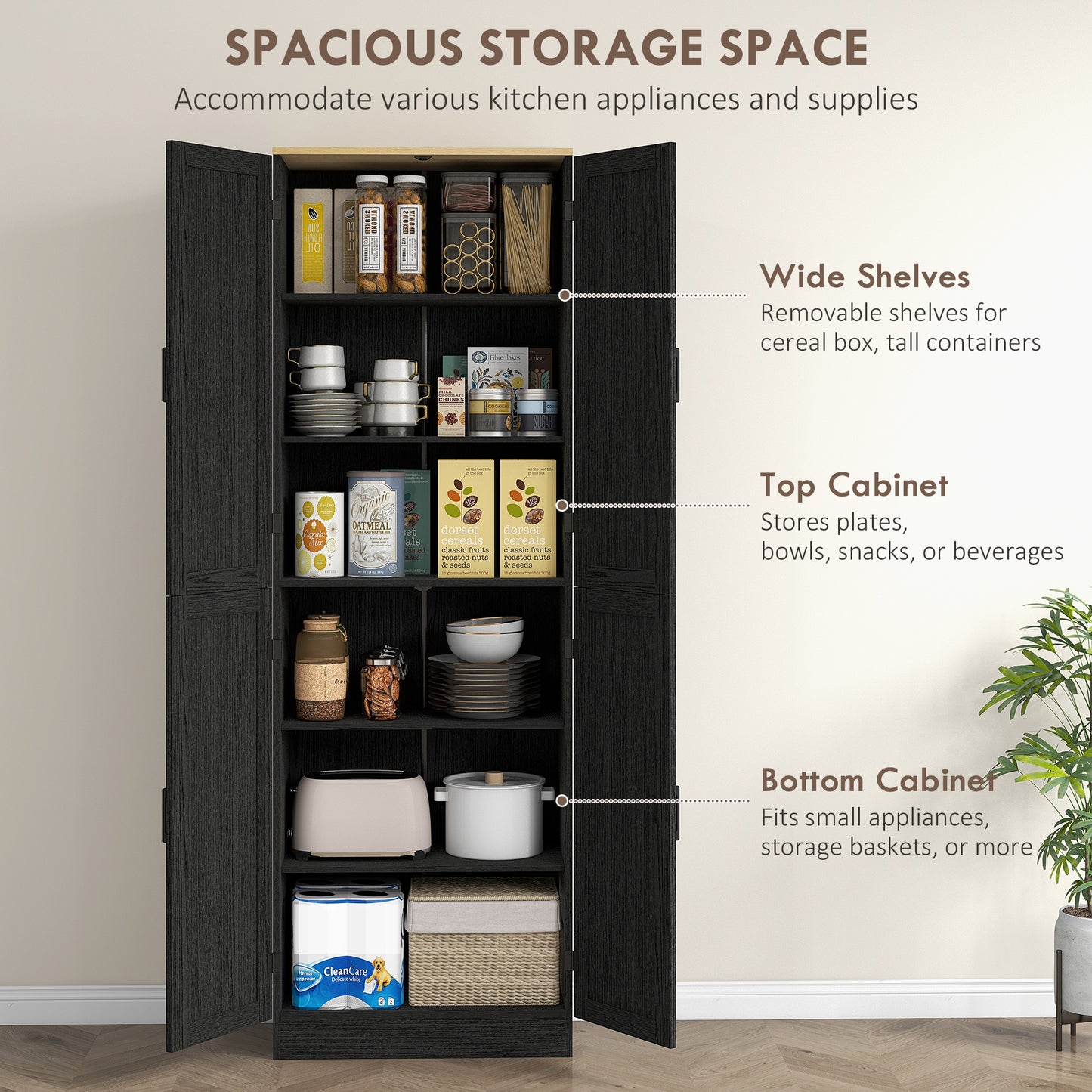 Freestanding Kitchen Pantry-Distressed Black-Adjustable Shelves