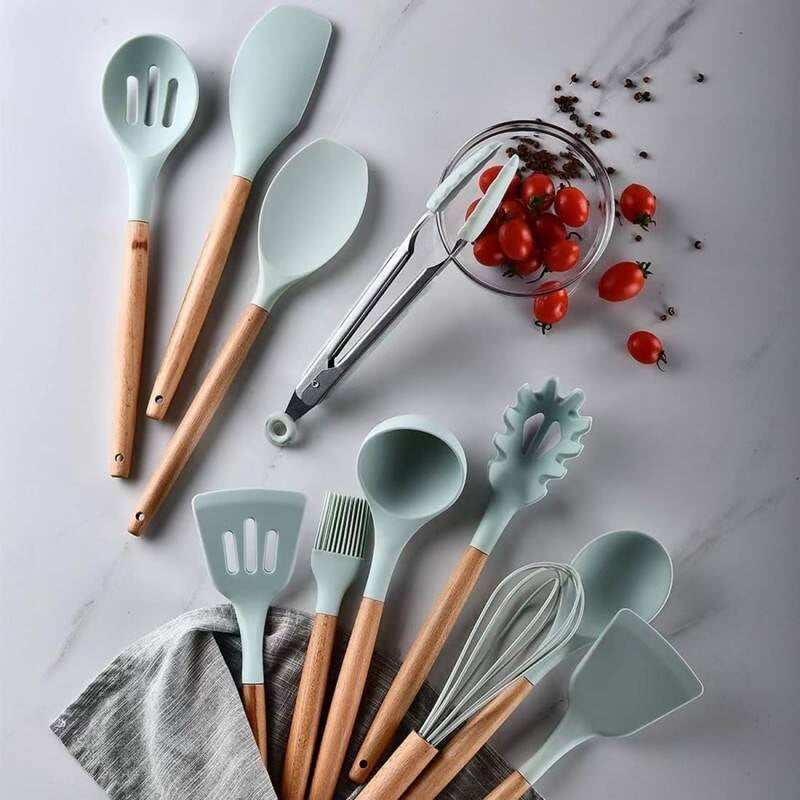 Silicone Cooking Utensils with Wooden Handle-12 PCS