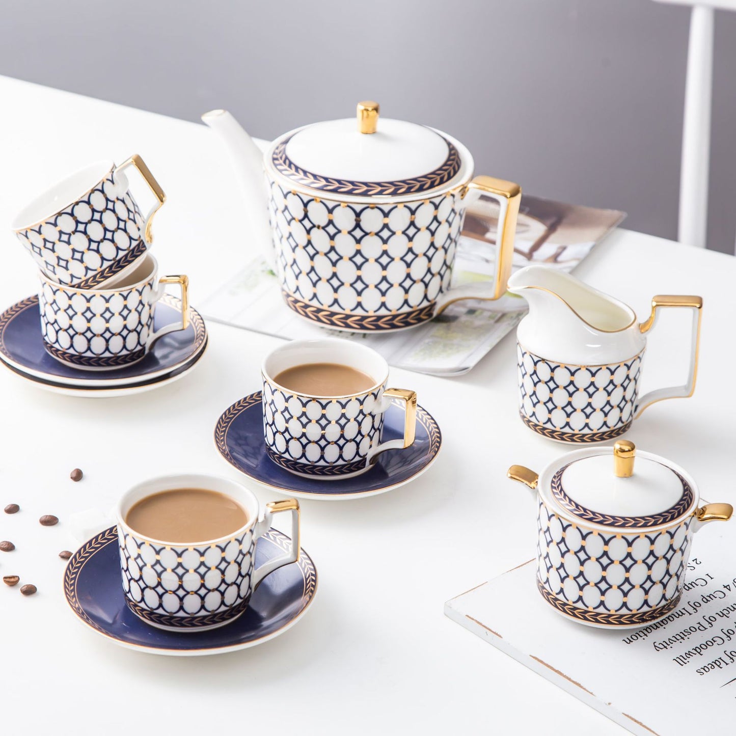 Navy Blue & White Bone China Tea Set