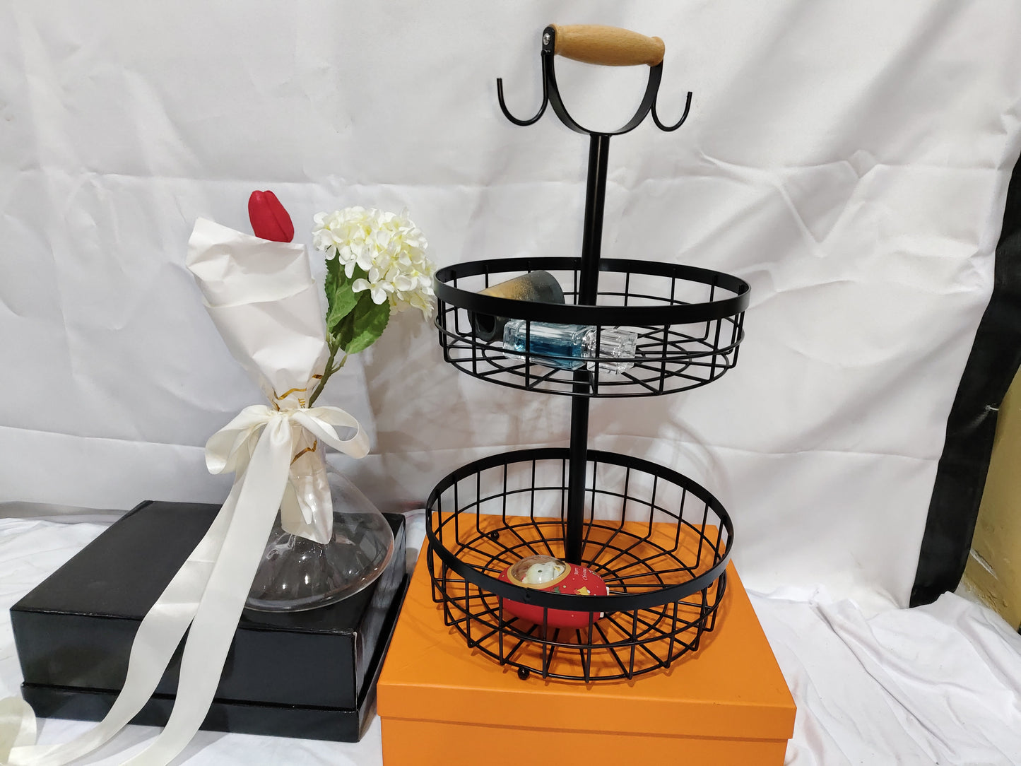 2-Tier Kitchen Fruit Basket with banana hooks
