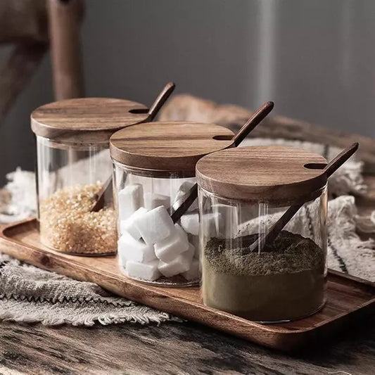 Glass Kitchen Seasoning Jar with Wood Lid & Spoon