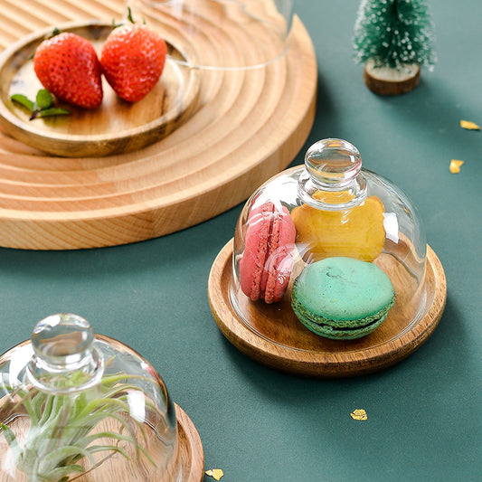 Mini Glass Dome and Wooden Dessert Plate