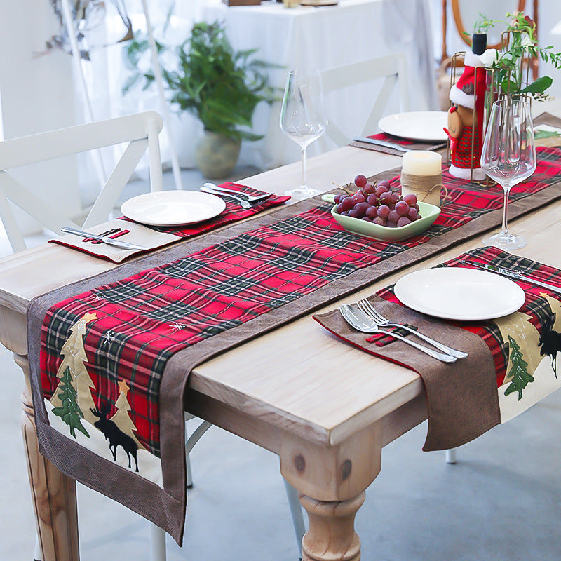 Table Linens: Red Plaid & Christmas Trees Table Runner