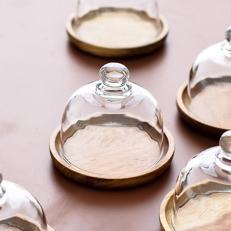 Mini Glass Dome and Wooden Dessert Plate