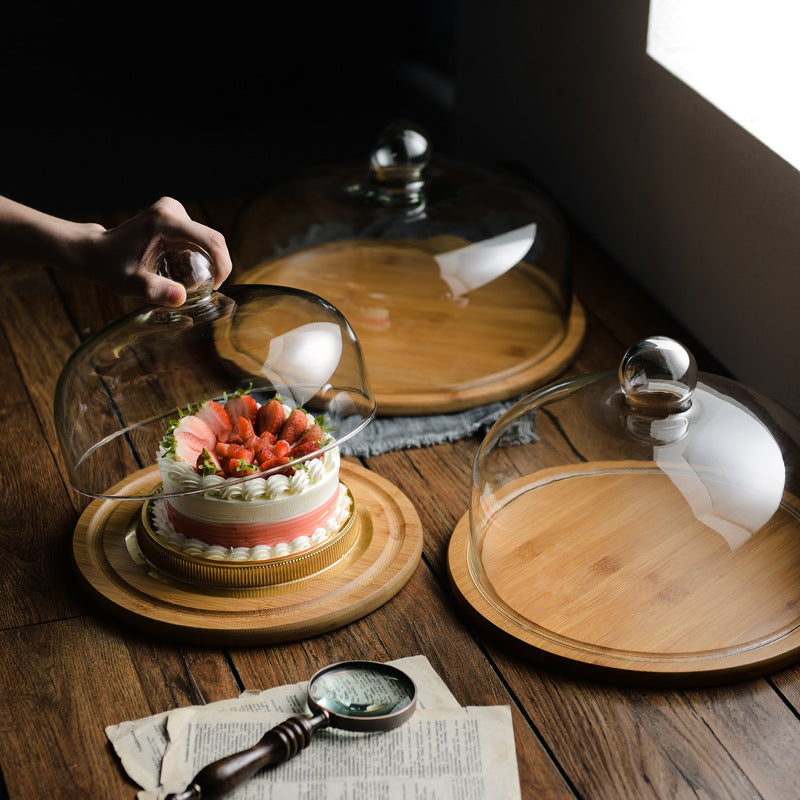 Bamboo Cake Tray with Clear Glass Dome