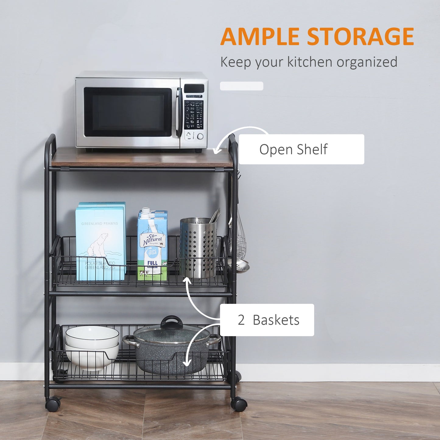 3 Tier Rolling Kitchen Cart With Sliding Storage Baskets and Wheels and Side Hooks