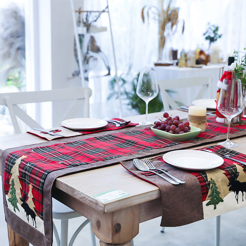 Table Linens: Red Plaid & Christmas Trees Table Runner