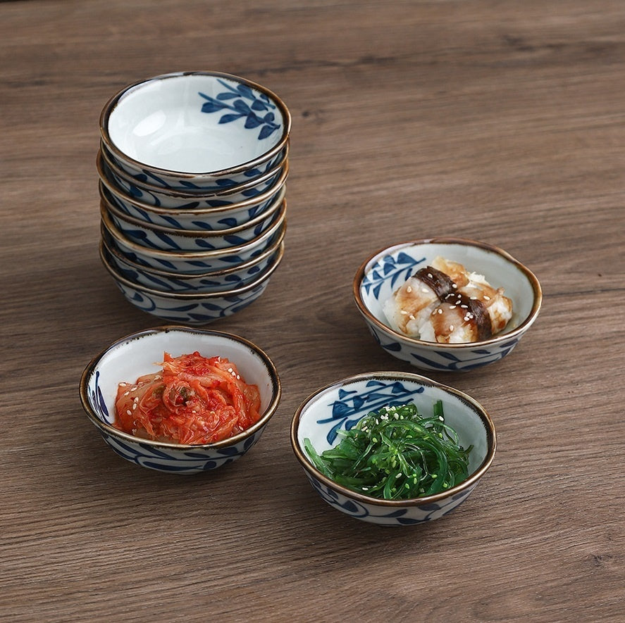 Small Blue Floral Ceramic Bowls with Gold Rim