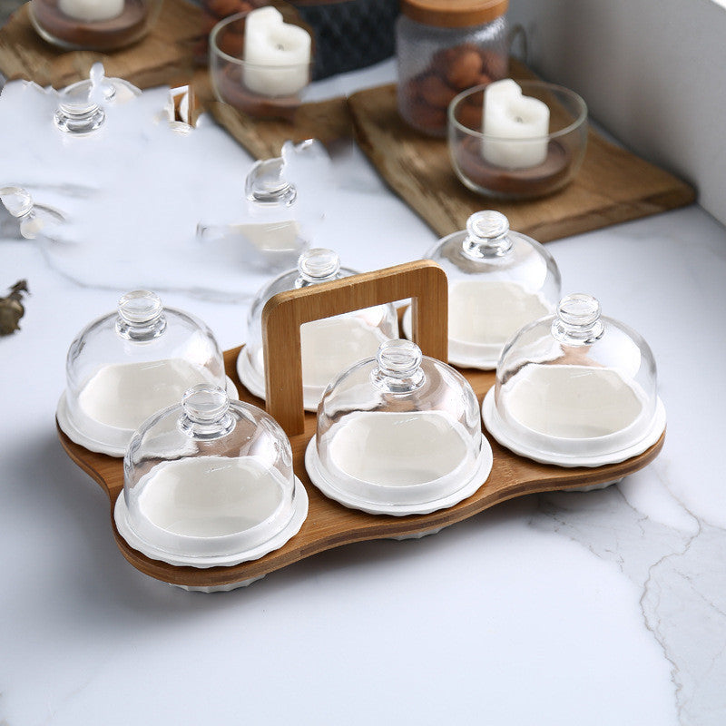 6PC Ceramic Domed Plates Plus Tray