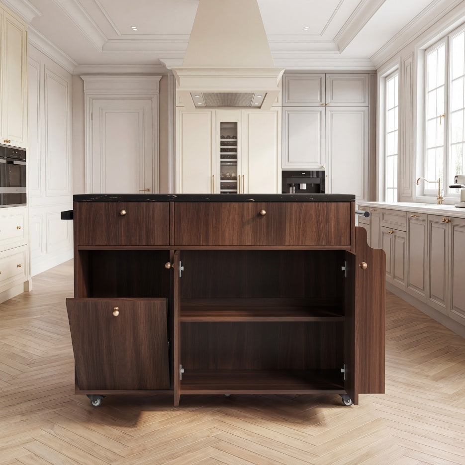Black Marble Top Rolling Kitchen Island Cart With Drop Leaf