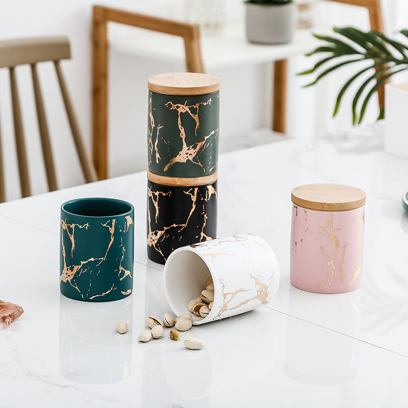 Mini Marbled Ceramic Canister with Airtight Bamboo Lid