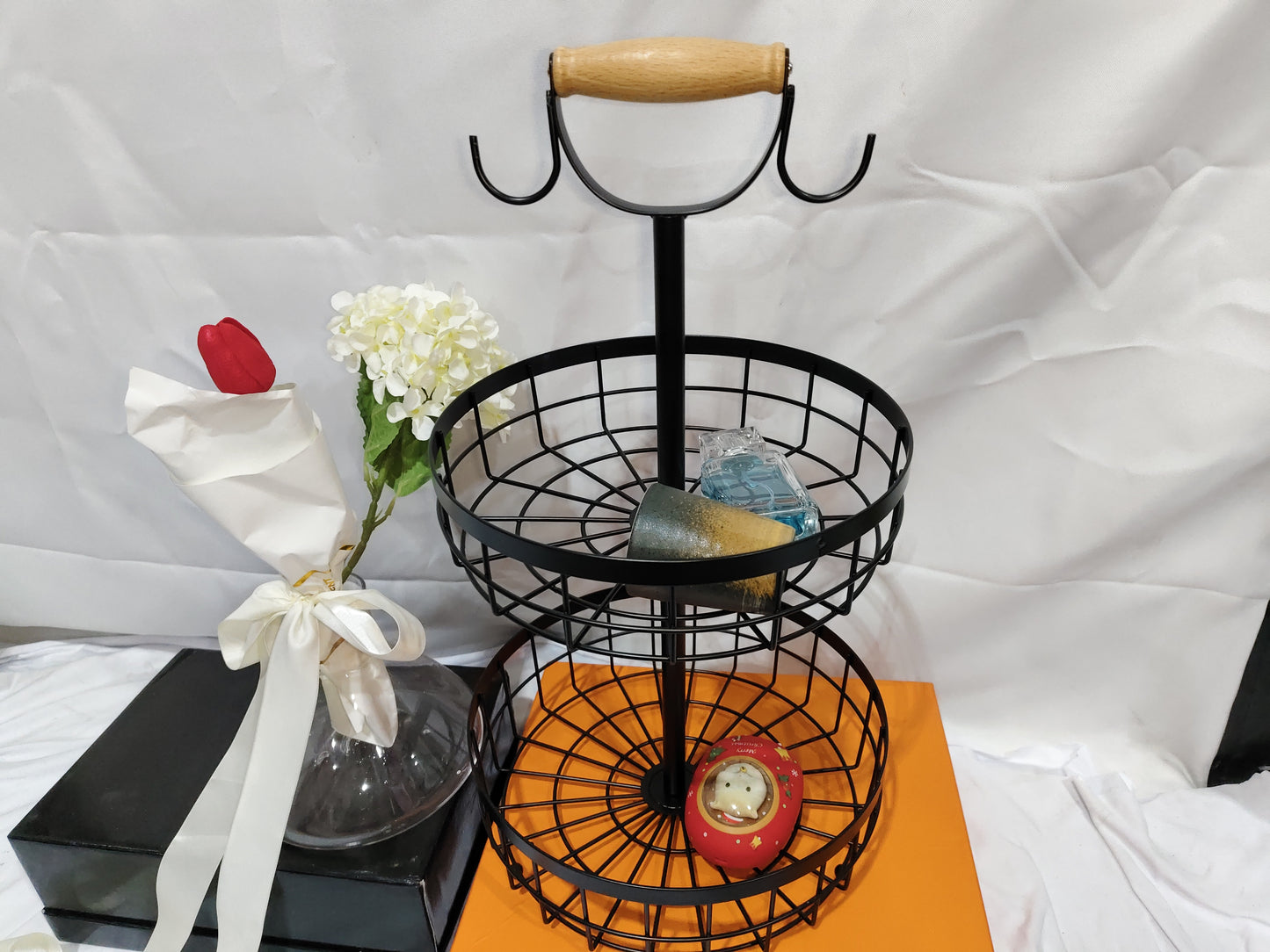 2-Tier Kitchen Fruit Basket with banana hooks