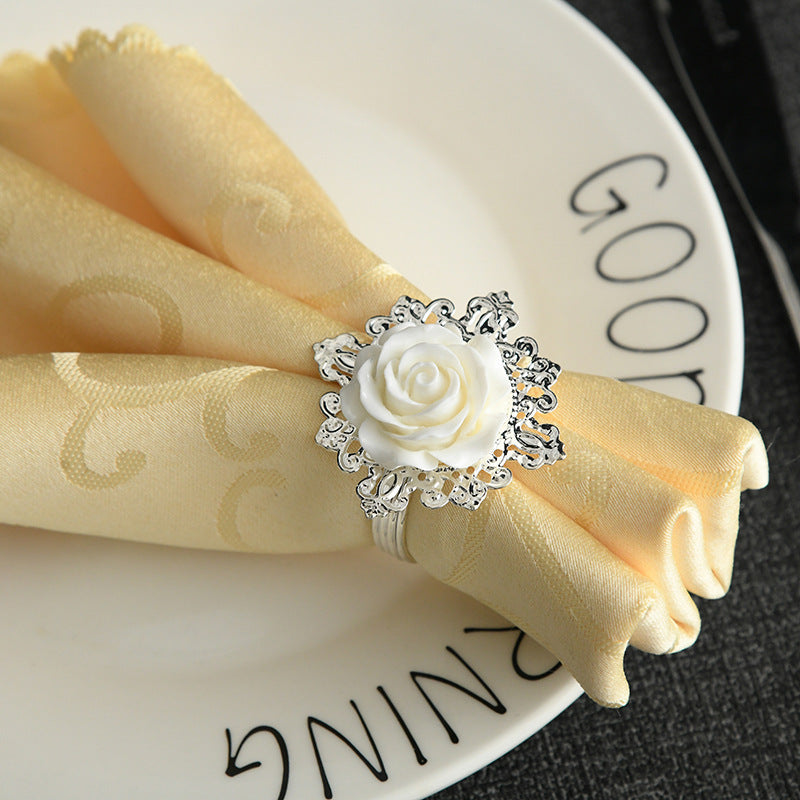 Table Linens: 6PC White Rose & Silver Filigree Napkin Rings