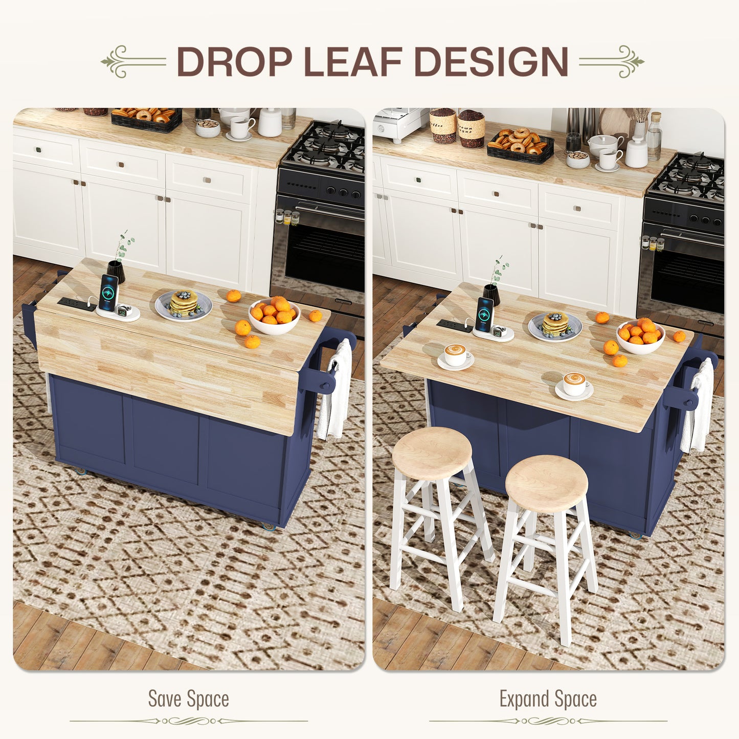Dark Blue Kitchen Island on Wheels