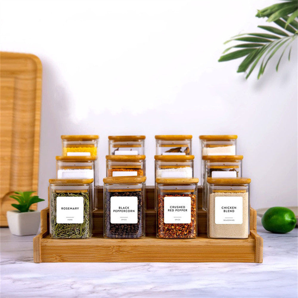 12PC Square Glass Spice Jars-Airtight Bamboo Lid-7oz