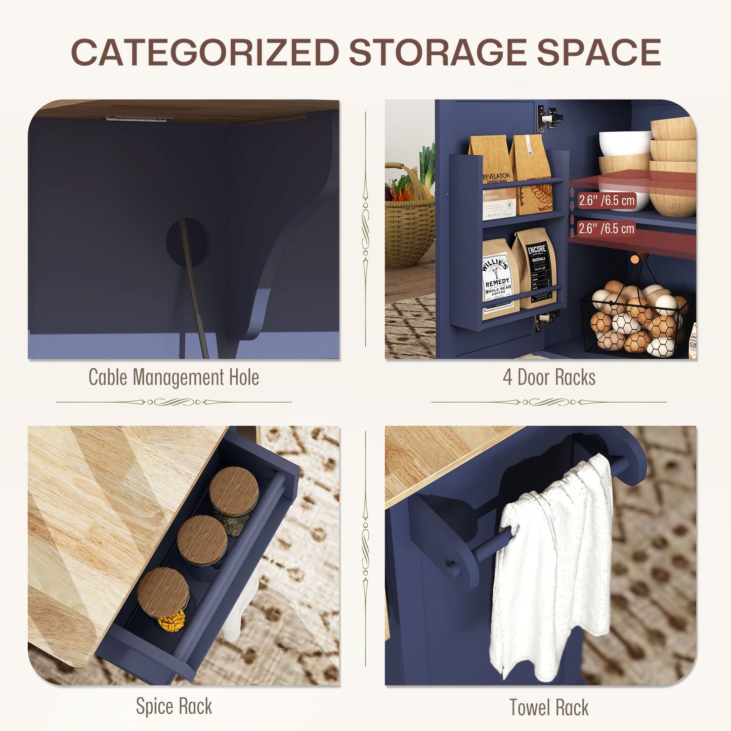 Dark Blue Kitchen Island on Wheels