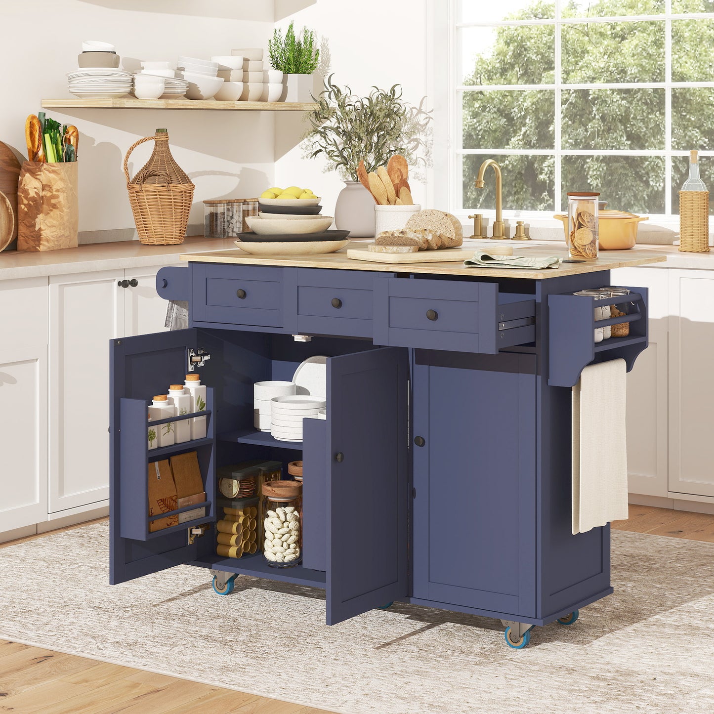Dark Blue Kitchen Island on Wheels