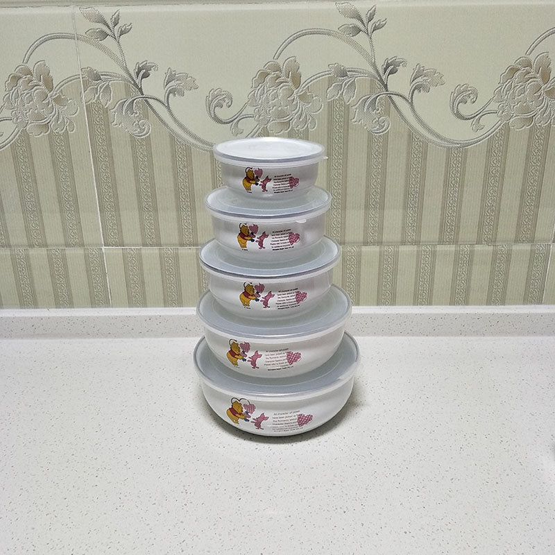 5PC Painted Enamel Bowls with Lids