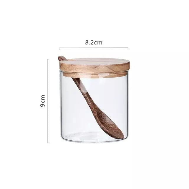 Glass Kitchen Seasoning Jar with Wood Lid & Spoon