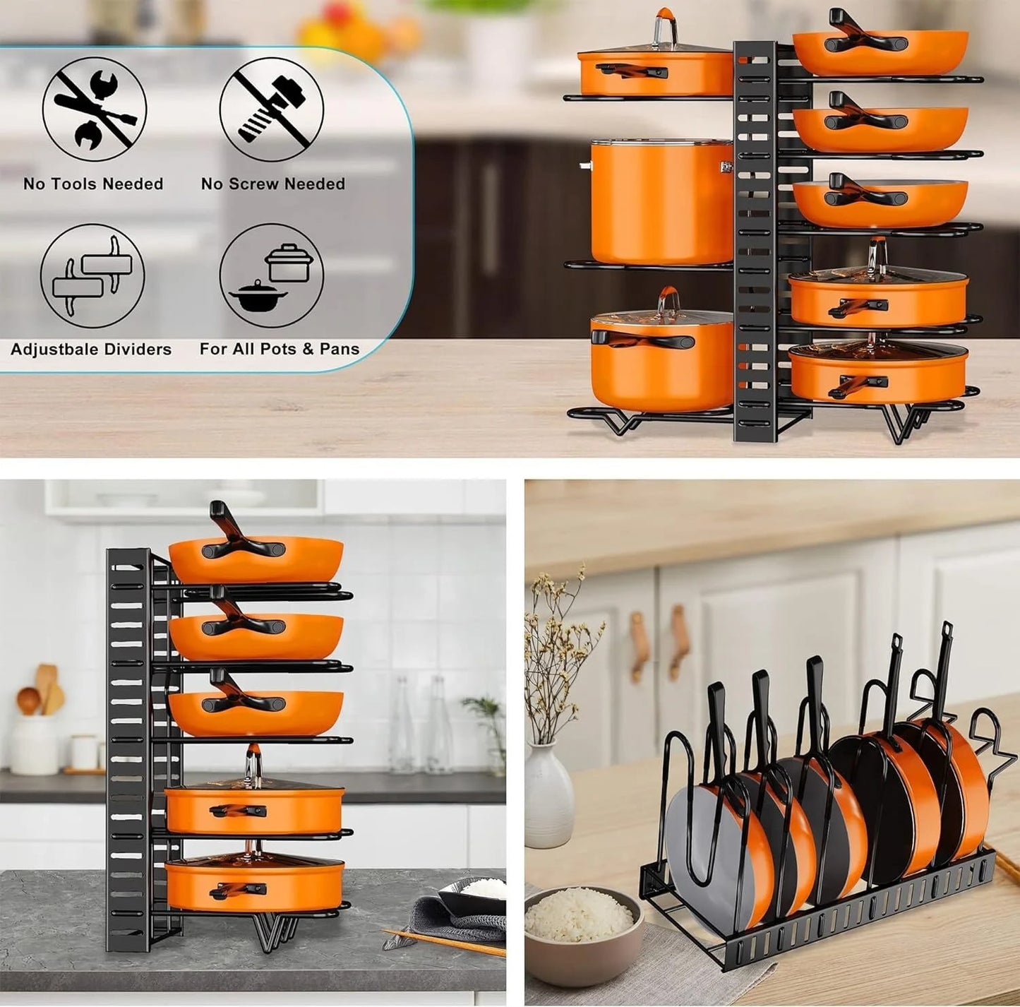 8 Tier Pot And Pan Organizer For Kitchen Counter or Cabinet