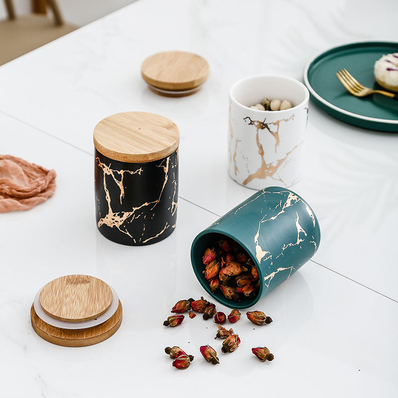 Mini Marbled Ceramic Canister with Airtight Bamboo Lid