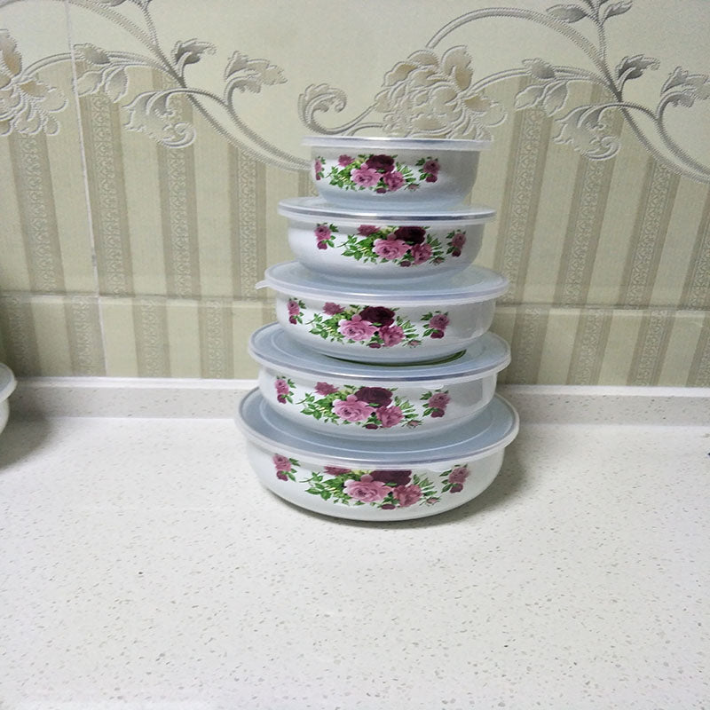 5PC Painted Enamel Bowls with Lids