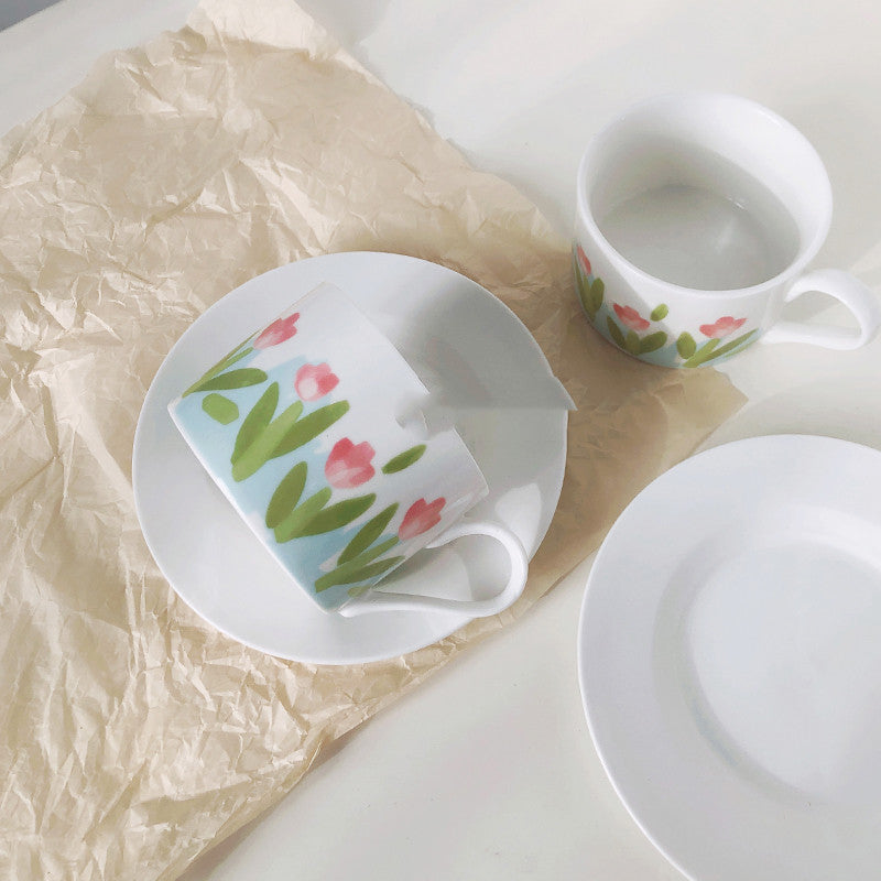 French Painted Tulips Cup, Saucer & Spoon