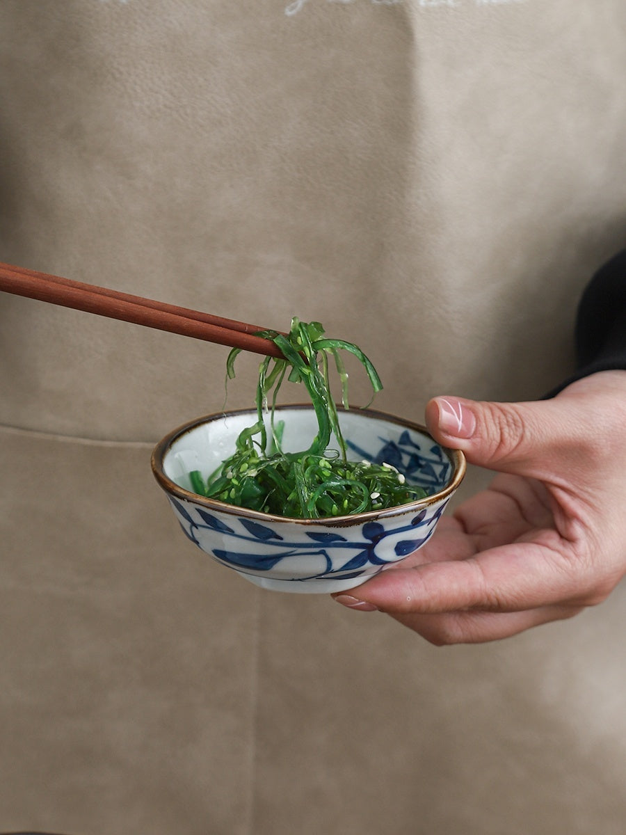 Small Blue Floral Ceramic Bowls with Gold Rim