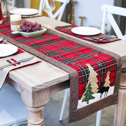 Table Linens: Red Plaid & Christmas Trees Table Runner