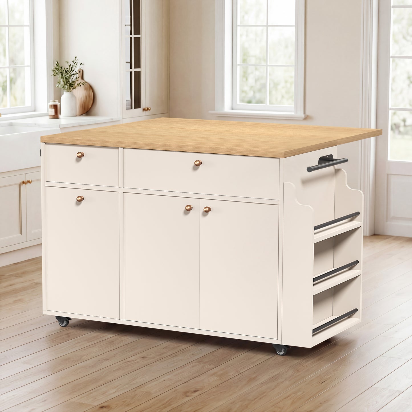 White Rolling Kitchen Island Storage Cart with Drop Leaf Extension