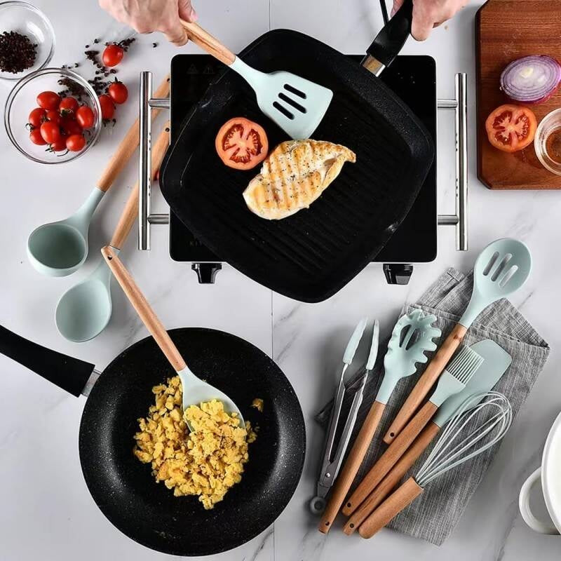 Silicone Cooking Utensils with Wooden Handle-12 PCS