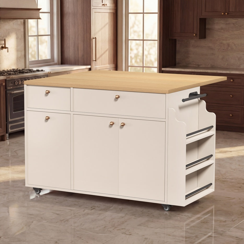 White Rolling Kitchen Island Storage Cart with Drop Leaf Extension