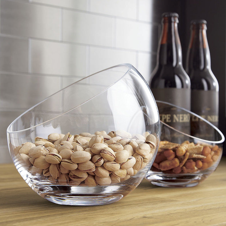 Tilted Round Glass Bowl with Beveled Mouth