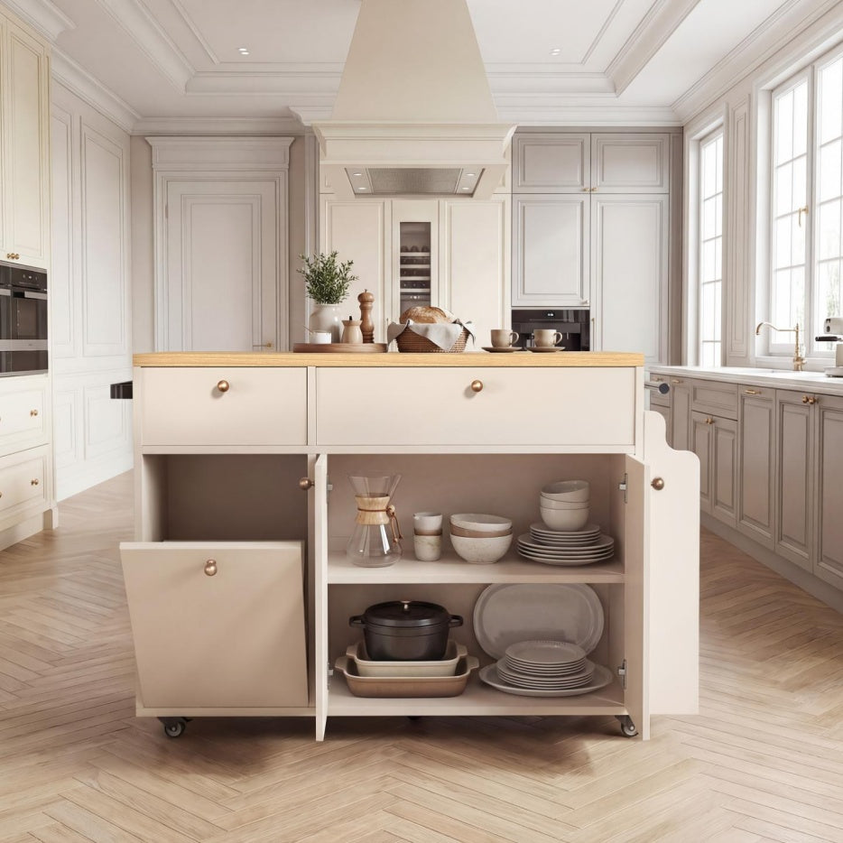 White Rolling Kitchen Island Storage Cart with Drop Leaf Extension