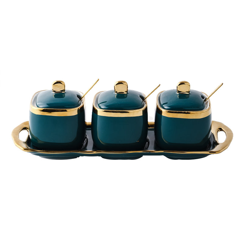 Serveware: 3PC Nordic Color-Glazed Ceramic-Gold Trim Serving Jars